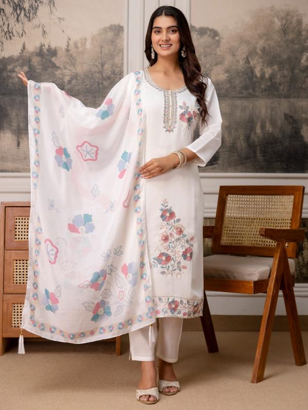 VP 9927 W Women’s Roman Silk Straight Kurta Pent Dupatta Sets with Embroidery Work | 3pcs Ethnic Set